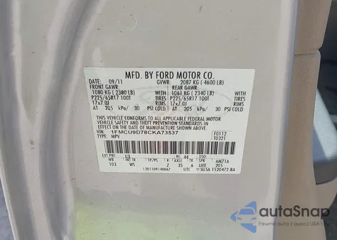 2012 Ford Escape Xlt из США, поврежденный, VIN 1FMCU9D78CKA73537